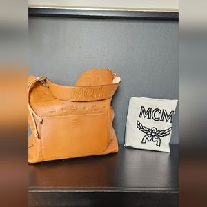 MCM  Calfskin Ottomar Monogram Klara Hobo Cognac Leather